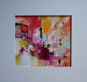<b>#90 - Unframed Mixed Media Abstract – Matted Size 19” x 18” (3½” mat) - $350</b><br/>Image Size 12” x 11”<br/>Unframed<br/><br/>