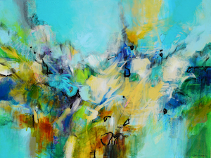 <b>Blue and Green with Yellow Flow 2 (Acrylic)</b><br/>Image Size 40 x 30<br/>Gallery Wrapped Canvas<br/>Sold<br/>